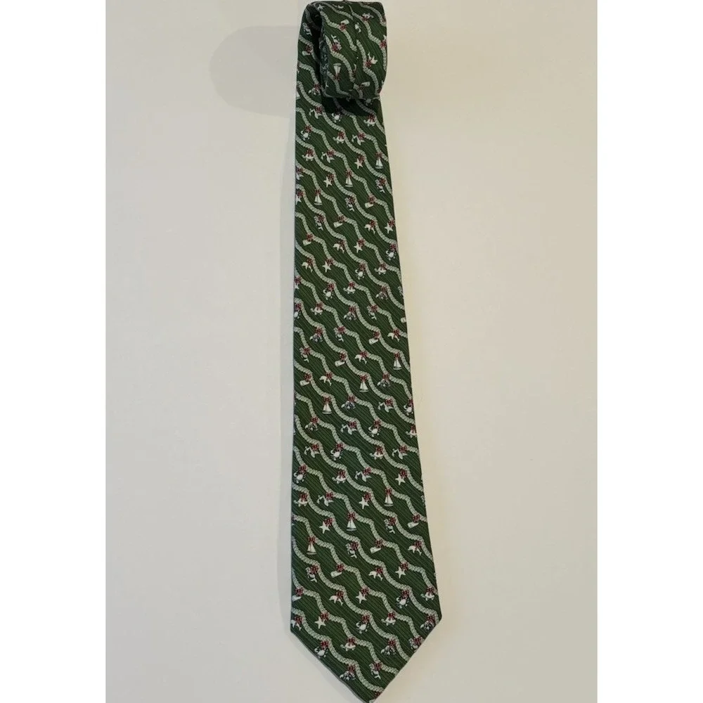 Vineyard Vines Christmas Tie Green Nautical Garland Whales Lobster Boats Silk